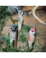 Set van 3 handgesneden houten bosdieren: vos, uil en haas. Voor kerstboom, kamerplant en decoratieve takken. Van Wildlife Garden.