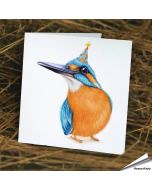 Mooie verjaardagskaart met een ijsvogel met feesthoedjes ✔️ Dubbele kaart, met blanco binnenkant ✔️ FSC papier ➤ Koop op www.vogelhuisje.com