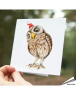 Mooie kerstkaart met de steenuil met feesthoedjes ✔️ Dubbele kaart, met blanco binnenkant ✔️ FSC papier ➤ Koop op www.vogelhuisje.com