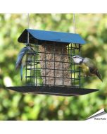 Premium vetblokhouder met regenkap en opvangschaal | Vogelhuisje.com