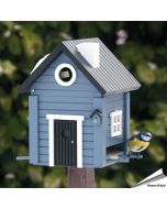 Multiholk Blatt Hus - voederhuis en nestkast in blauwe houtkleur, hier als voederhuis - Vogelhuisje.com