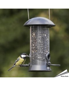 Metalen voedersilo voor vogels met zitringen - www.vogelhuisje.com