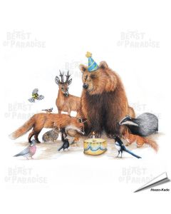 Verjaardagskaart met een leuke beer en zijn dierenvriendjes - www.vogelhuisje.com