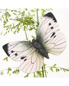 DecoButterfly Groot koolwitje van Wildlife Garden als houten vlinderdecoratie tussen fijne groene takjes, met witte vleugels, zwarte punten en donkere vlekken.
