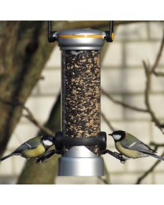 LokTop Signature metalen voedersilo voor zaden van 270 mm met 2 voeropeningen, gepatenteerd vergrendelsysteem en ca. 0,75 liter inhoud. Geschikt voor kleine tuinvogels.