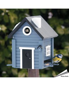 Multiholk Blatt Hus - voederhuis en nestkast in blauwe houtkleur, hier als voederhuis - Vogelhuisje.com