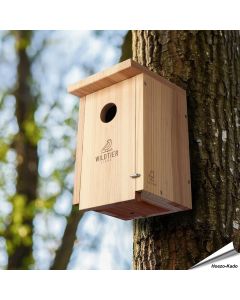 Nestkast voor de spreeuw en grote bonte specht ✔️ Onbehandeld massief hout ✔️ Geschikt voor grote holenbroeders ✔️ Weerbestendig ➤ Koop nu bij Vogelhuisje.com