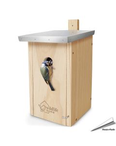 Mezennestkast voor kleine Mezen met metalen dak, perfect voor pimpelmezen en koolmezen.
