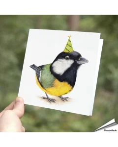 Mooie verjaardagskaart met de koolmees met feesthoedjes ✔️ Dubbele kaart, met blanco binnenkant ✔️ FSC papier ➤ Koop op www.vogelhuisje.com