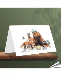 Verjaardagskaart met een leuke beer en zijn dierenvriendjes - www.vogelhuisje.com