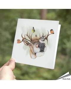 Mooie wenskaart met een edelhert en wilde vogels ✔️ Dubbele kaart, met blanco binnenkant ✔️ FSC papier ➤ Koop op www.vogelhuisje.com