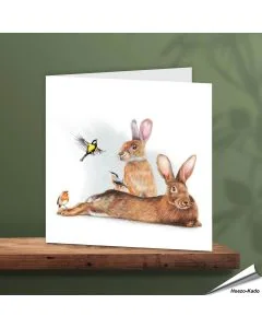 Wenskaart - Konijnen met leuke tuinvogeltjes - www.vogelhuisje.com