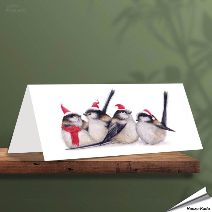 Kerstkaart met leuke staartmezen - Voor natuurliefhebbers - www.vogelhuisje.com
