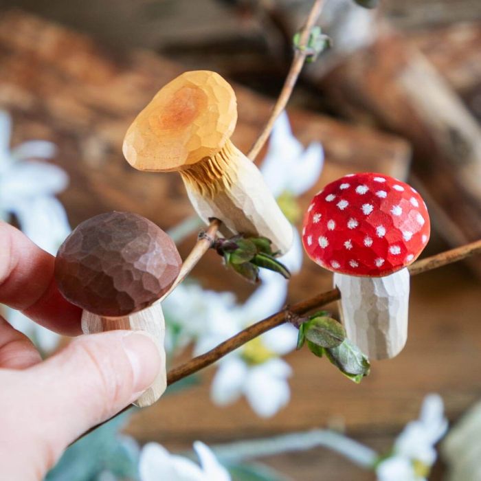 Forest Décor Paddenstoelen van Wildlife Garden met 3 handgesneden houten modellen: vliegenzwam, cantharel en eekhoorntjesbrood voor takken en planten.
