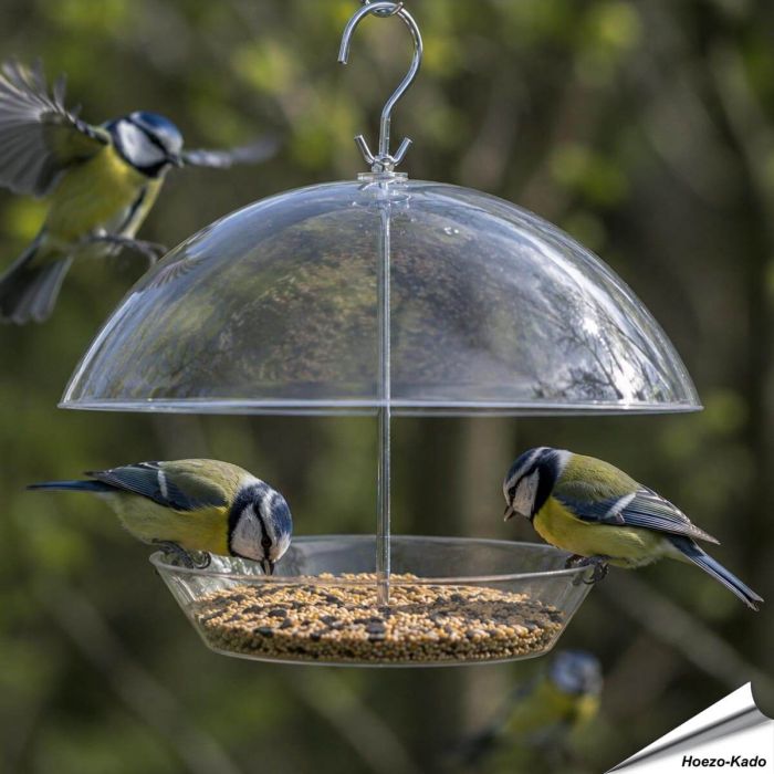 Hangende voederschaal met transparant dak in de tuin