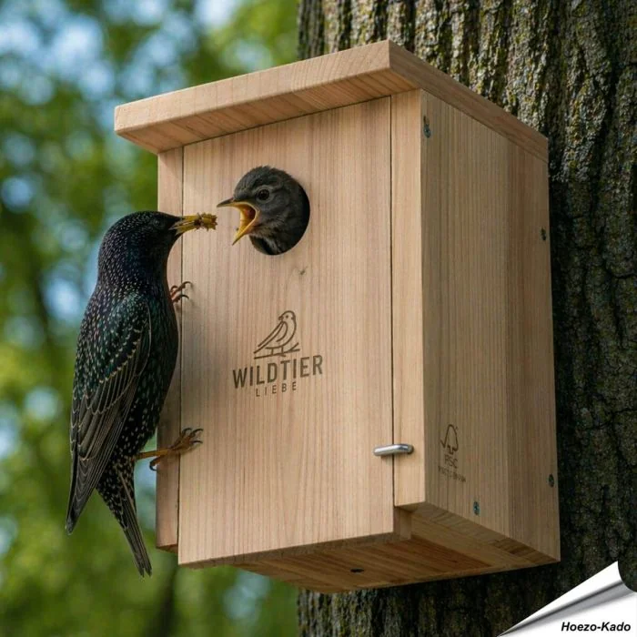 Nestkast voor de spreeuw en grote bonte specht ✔️ Onbehandeld massief hout ✔️ Geschikt voor grote holenbroeders ✔️ Weerbestendig ➤ Koop nu bij Vogelhuisje.com