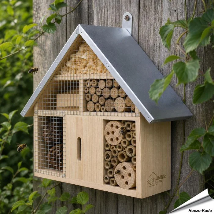 Insectenhotel met metalen dak ✔️ Voor bijen, vlinders & lieveheersbeestjes ✔️ Natuurlijke materialen ✔️ Beschermt tegen regen ➤ Vogelhuisje.com