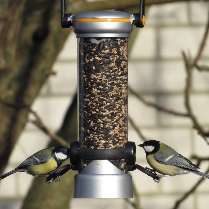 LokTop Signature metalen voedersilo voor zaden van 270 mm met 2 voeropeningen, gepatenteerd vergrendelsysteem en ca. 0,75 liter inhoud. Geschikt voor kleine tuinvogels.