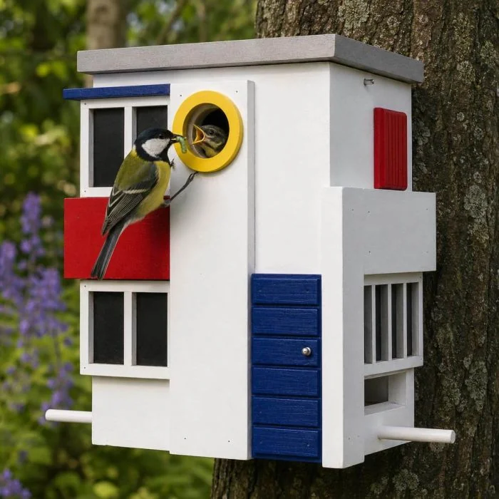 Multiholk De Stijl van Wildlife Garden combineert een nestkast en voederhuis in één ontwerp. Met 32 mm invliegopening en inspiratie uit De Stijl.