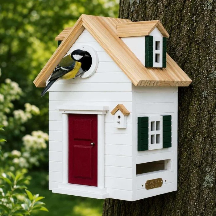 Koolmees bij de ronde invliegopening van de Multiholk New England van Wildlife Garden, een witte houten nestkast en voederhuis met rode deur, groene luiken en licht houten dak, bevestigd aan een boom.