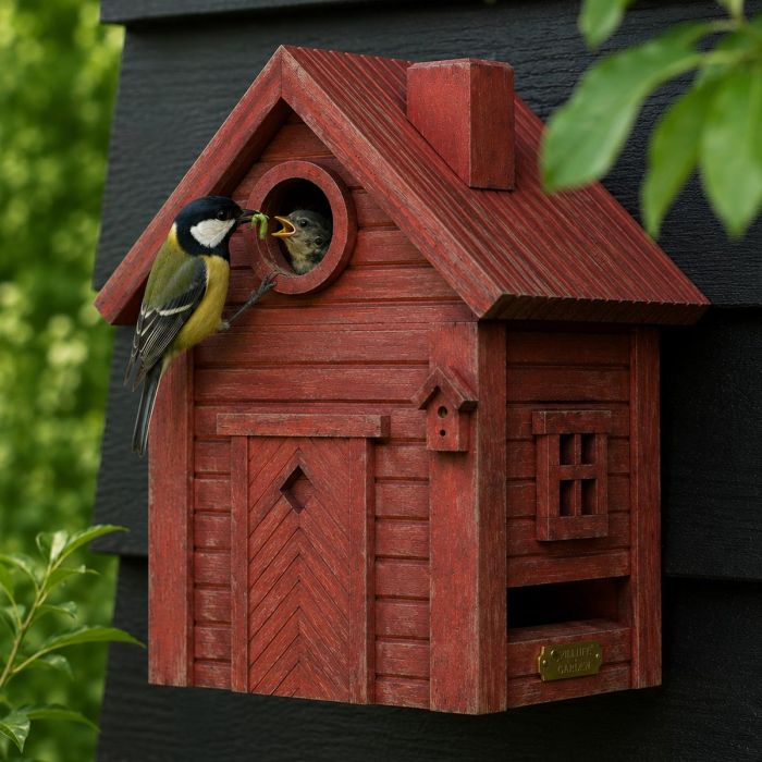 Multiholk Red Earth van Wildlife Garden ✔️ Nestkast en voederhuis in 1 ✔️ Voor kleine tuinvogels ✔️ Geïnspireerd op Scandinavische architectuur ➤ Vogelhuisje.com