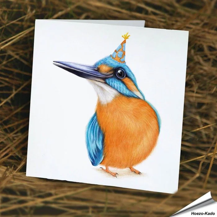 Mooie verjaardagskaart met een ijsvogel met feesthoedjes ✔️ Dubbele kaart, met blanco binnenkant ✔️ FSC papier ➤ Koop op www.vogelhuisje.com