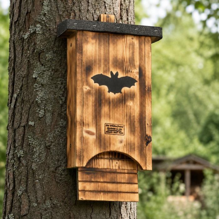Ruime vleermuiskast koloniekast van geflamd hout, ca. 31 x 12 x 60 cm. Open onderzijde, groefstructuur en aanbevolen montage vanaf 4 tot 5 meter.