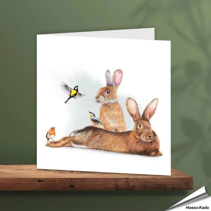 Wenskaart - Konijnen met leuke tuinvogeltjes - www.vogelhuisje.com
