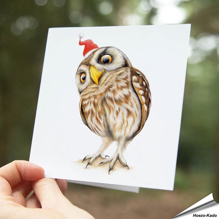 Mooie kerstkaart met de steenuil met feesthoedjes ✔️ Dubbele kaart, met blanco binnenkant ✔️ FSC papier ➤ Koop op www.vogelhuisje.com