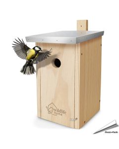Houten nestkast voor Mezen met metalen dak, perfect voor koolmezen en huismussen