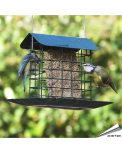 Premium vetblokhouder met regenkap en opvangschaal | Vogelhuisje.com