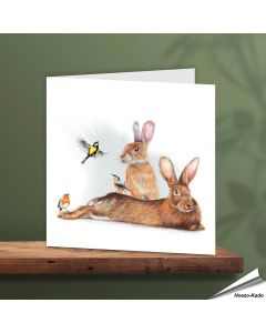 Wenskaart - Konijnen met leuke tuinvogeltjes - www.vogelhuisje.com