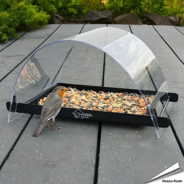 Grondvoedertafel met regenkuppel voor wilde vogels ✔️ Robuuste metalen constructie ✔️ Stevig, transparant dak ✔️ Voor merel, roodborst & Co. ➤ Bestel nu online op Vogelhuisje.com