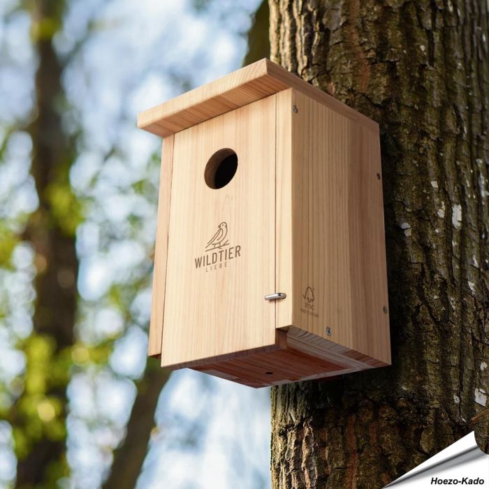 Nestkast voor de spreeuw en grote bonte specht ✔️ Onbehandeld massief hout ✔️ Geschikt voor grote holenbroeders ✔️ Weerbestendig ➤ Koop nu bij Vogelhuisje.com