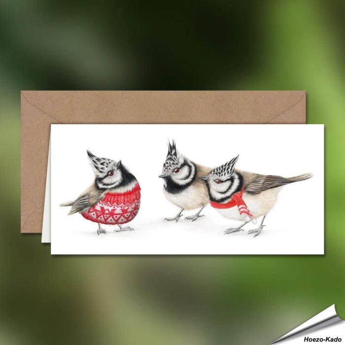 Kerstkaart met de familie kuifmees - Perfect om een vleugje natuur in je kerstwensen te brengen! - www.vogelhuisje.com