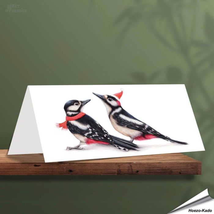 Kerstkaart met leuke spechten - Voor natuurliefhebbers - www.vogelhuisje.com