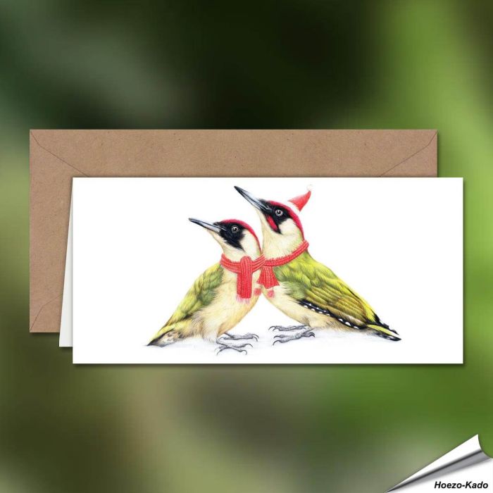 Kerstkaart met de familie groene specht - Perfect om een vleugje natuur in je kerstwensen te brengen! - Vogelhuisje.com