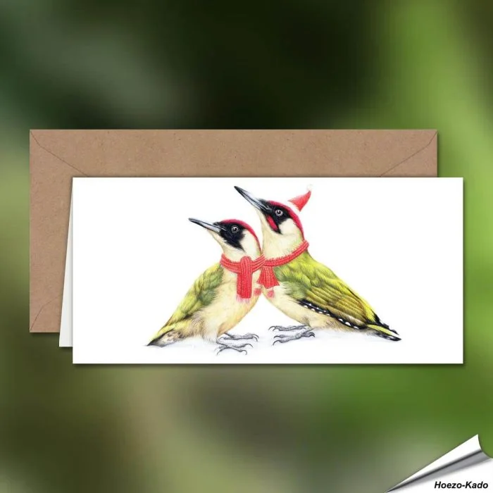 Kerstkaart met de familie groene specht - Perfect om een vleugje natuur in je kerstwensen te brengen! - Vogelhuisje.com