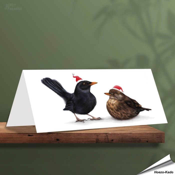 Kerstkaart met mooie Merels - Voor natuurliefhebbers - www.vogelhuisje.com