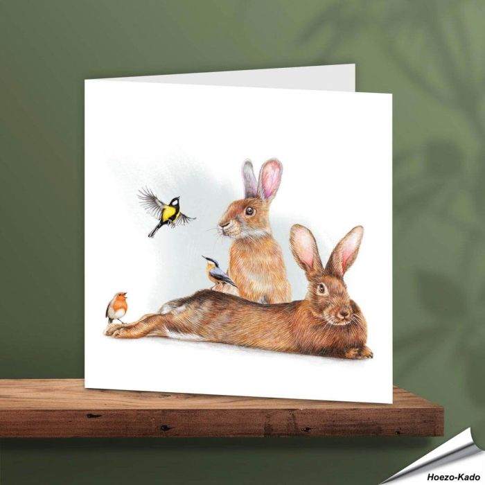 Wenskaart - Konijnen met leuke tuinvogeltjes - www.vogelhuisje.com