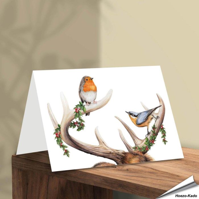 Kerstkaart met een leuke Roodborst, Boomklever en gewei - www.vogelhuisje.com