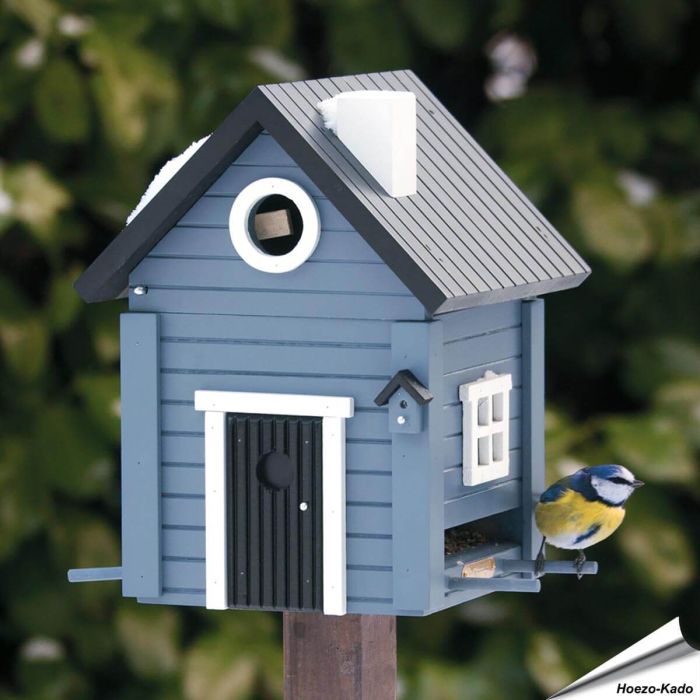 Multiholk Blatt Hus - voederhuis en nestkast in blauwe houtkleur, hier als voederhuis - Vogelhuisje.com