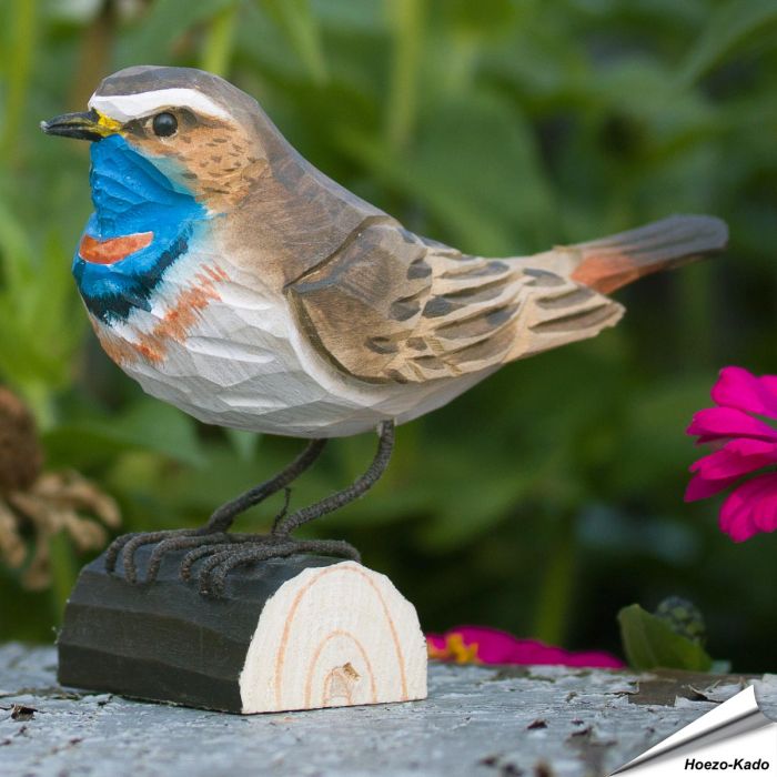 Houtgesneden vogel in de vorm van een Blauwborst is een mooie decoratie waar het hele gezin dol op zal zijn ✔️ Levensecht vorm- en kleur gegeven model ➤ Bestel nu op Vogelhuisje.com