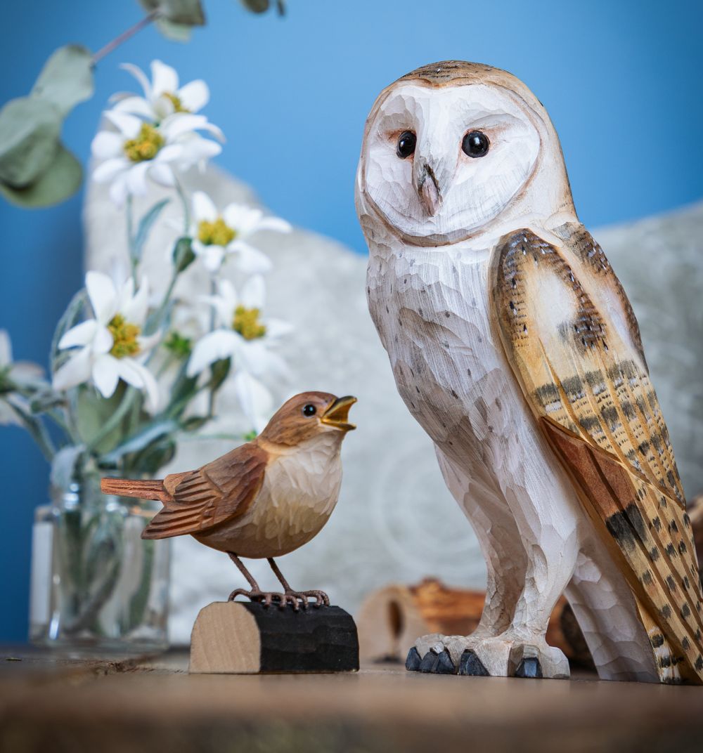 DecoBird Kerkuil en Nachtegaal, handgesneden houten vogels van Wildlife Garden